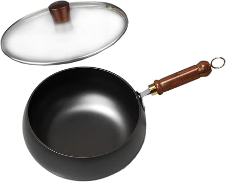 Iron Wok Flat Bottom Wooden Handle No Coating Boiling Gas Frying Pan Chinese Wok for Camping Home Kitchen Restaurant Hotel, Glass lid, 30cm