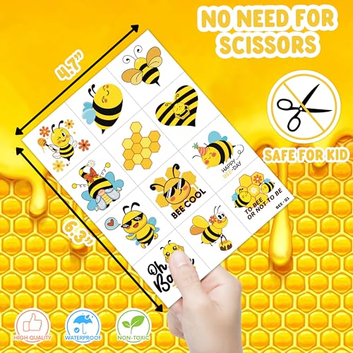 Image of 120 PCS Bee Pre-Cut Temporary Tattoos for Kids | | Super Cute First Themed Birthday Party Favors, Supplies, Decorations, Cute Animal Tattoo Stickers, Gifts for Boys Girls