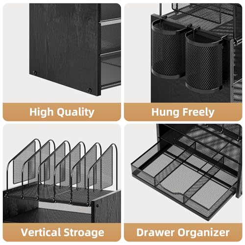 Image of Marbrasse Desk organizer with Drawer, 4-Tier Wooden File Organizer with 5 Vertical File Holders and 2 Pen Holders, Desk Organizers and Accessories for Home Office - Black