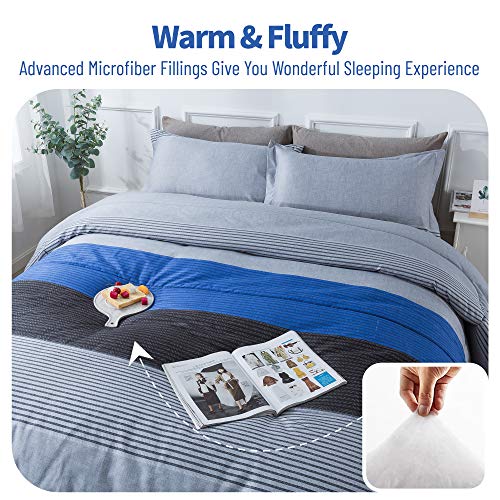 Andency Stripe Comforter Set Full Size (79X90 Inch), 3 Pieces Gray And Blue Patchwork Striped Comforter, Soft Microfiber Down Alternative Comforter Bedding Set With Corner Loops #TOP2