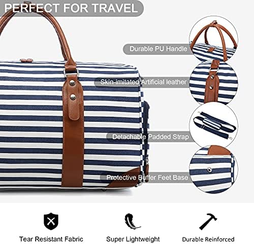 Sucipi Canvas Duffle Bag Weekender Bag for Women Travel Duffel Bag Carry on Bags for Airplanes with Shoe Compartment Large Women Overnight Bag with Wet Pocket Mommy Bag for Hospital with Toiletry Bag (Blue/White Striped) 4 Sucipi Canvas Duffle Bag Weekender Bag for Women Travel Duffel Bag Carry on Bags for Airplanes with Shoe Compartment Large Women Overnight Bag with Wet Pocket Mommy Bag for Hospital with Toiletry Bag (Blue/White Striped)
