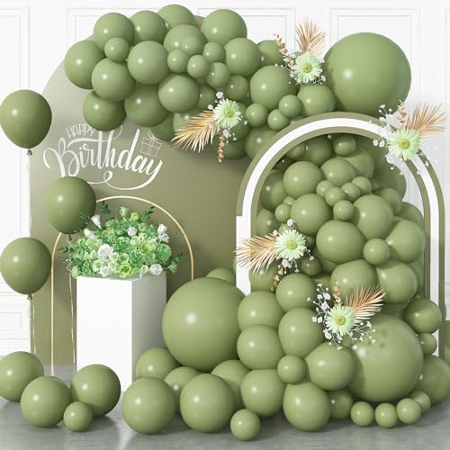 Image of Sage Green Balloons, 113PCS Retro Olive Green Balloon Garland Arch Kit 5 /10 /12 /18 Inch, Different Sizes Eucalyptus Avocado Green Latex Helium Party Balloons Set for Jungle Safari Birthday Decorations