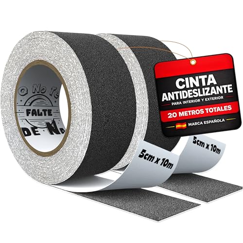 Cinta antideslizante negra pack 2 rollos 5 cm x 10 m total 20 metros seguridad para escaleras suelos y rampas protección para niños mayores y mascotas uso interior y exterior certificación REACH