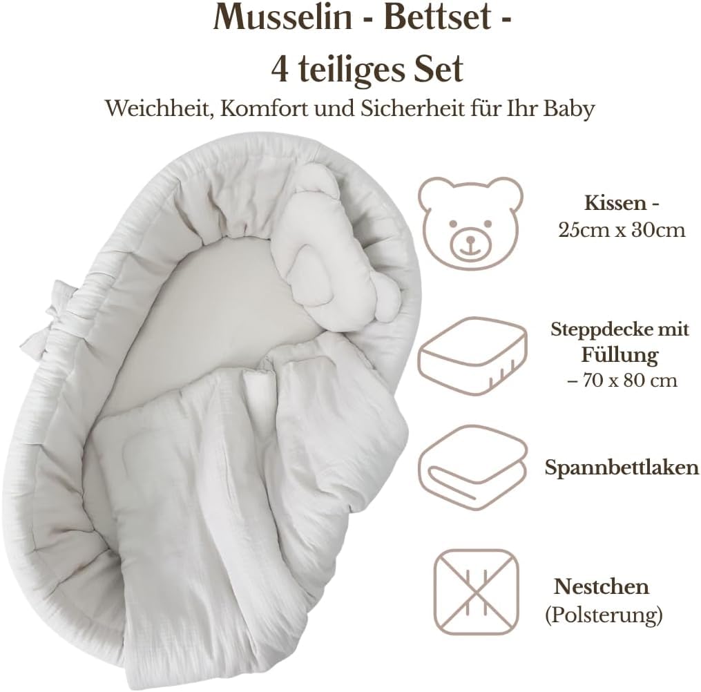 Wiklinopol Juego de ropa de cama de 4 piezas, para bebés y niños, muselina, ropa de cama para cuna, funda nórdica con sábanas en color beige