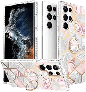 Laurraine Case Compatible with Samsung S22 Ultra 5G, Luxury Shiny Marble IMD Slim Case, Gold Glitter Marble Design with 360 Degree Swivel Ring Stand for Galaxy S22 5G (Grey)