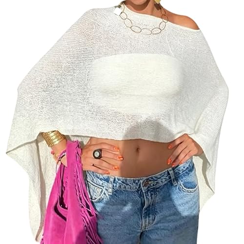 Seyurigaoka Womens Sheer Poncho Top Lightweight Knit Shrug Shawl Off The Shoulder Mesh Blouse Cover Up Tops(White,One Size) by Seyurigaoka - Used condition - US$7.83