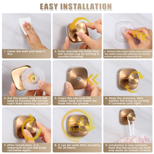 Image of No-Drill Reusable Suction Cup Hooks, Towel, Robe, Loofah, Coat Hook for Glass, Mirror, Tile, Shower, Bathroom, Kitchen & Metal (Smooth, Non-Porous Surfaces) (2, Champagne Bronze)