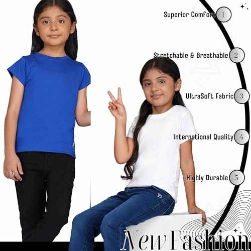 Image of Kids Round Neck T-Shirt Half Sleeves 100% Cotton Rich Soft Comfortable Fit Stylish Plain Color 1+1 Combo Original Brand Tshirt for Girls