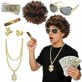 7 Piezas Peluca Años 80 Hombre, Set Peluca Hippie, Peluca Afro Hombre, con Peluca, Anillos, Collar y Otros Accesorios, para Fiesta de Carnaval Temática de Halloween, Fiesta Retro