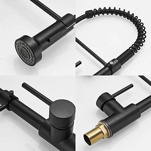 OWOFAN Kitchen Faucets Commercial Solid Brass Single Handle Single Lever Pull Down Sprayer Spring Kitchen Sink Faucet, Matte Black 9009R