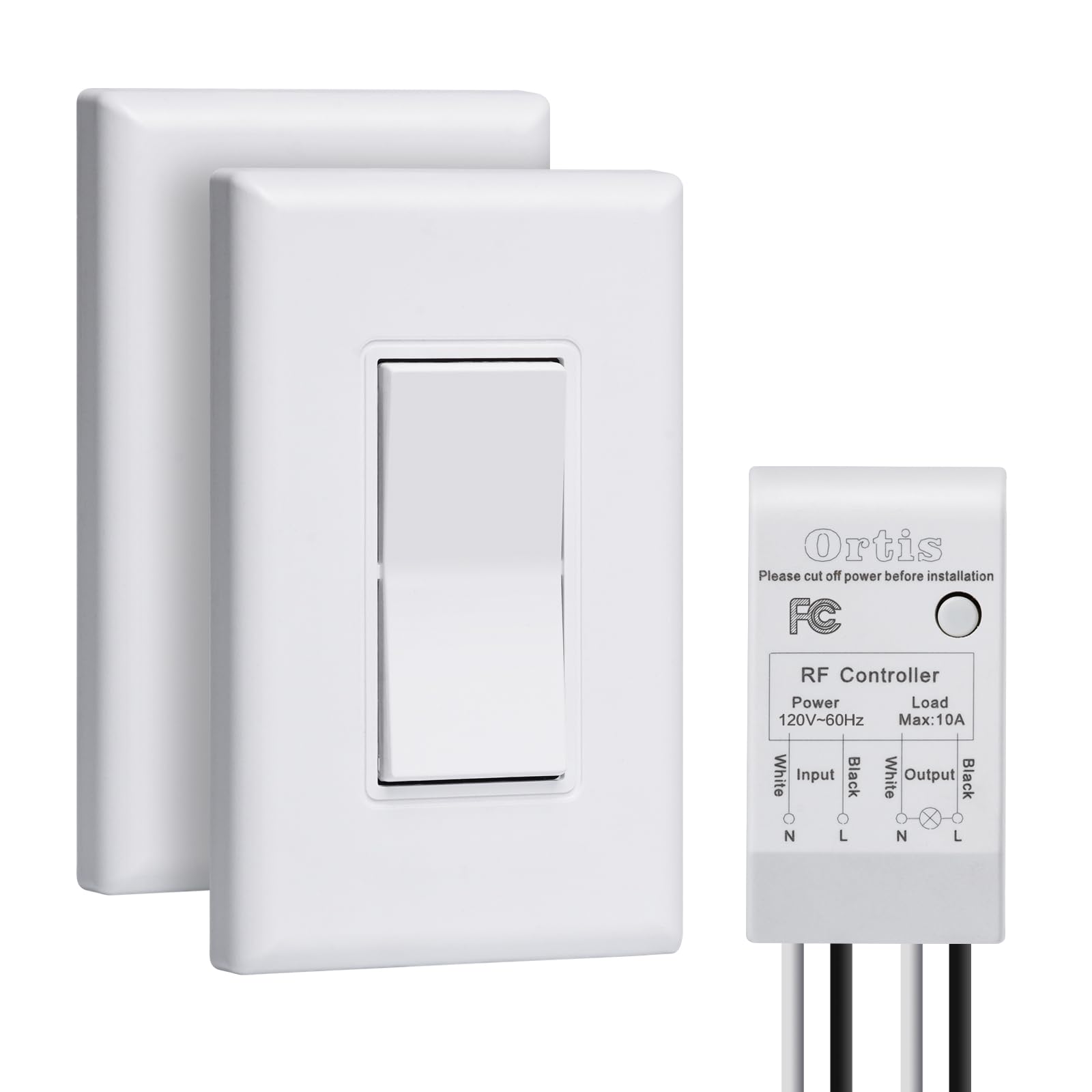 Wireless Light Switch and Receiver Kit, Ortis 300ft RF Range Wireless Wall Switches for Lights, Fans, Battery Included, No Wiring Needed (2 Switches &
