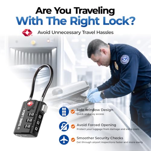 SURE LOCK TSA Approved Luggage Locks with Open Alert Indicator, 3 Digit Combination Cable Travel Lock for Suitcase, Backpack & Travel Bag, 2 Pack Black - Image 3