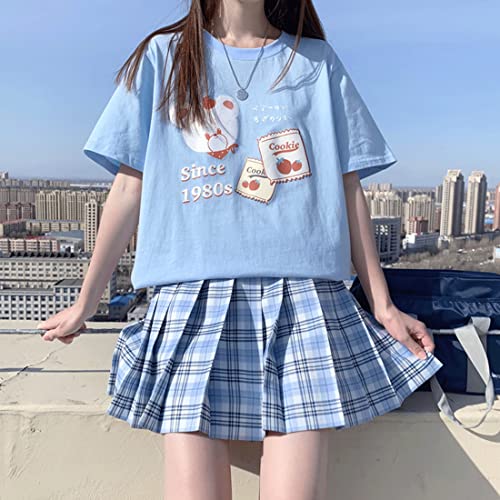 Image of Japanese Harajuku Style Kawaii Pastel Goth Fashion Crewneck Cartoon Little Bear with Cookies Print T-Shirt XL Blue