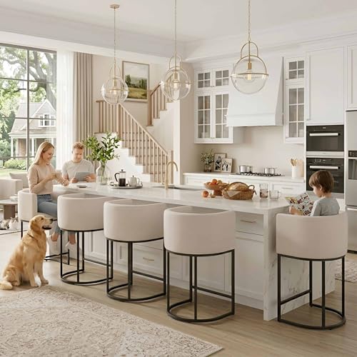 Image of HNY Modern Counter Height Bar Stools Set of 3, 24 inch Linen Counter Stools with 8.5 inch Extra Tall Barrel Back, Black Tubular Frame, Deep Comfortable Seat Island Stools for Kitchen Counter, Home Bars, Cream
