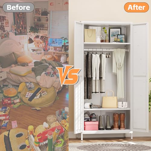 Image of SUPEER Metal Wardrobe Closet for Bedroom, 2 Doors Armoire Cabinet with Shelves and Hanging Rod, Metal Clothes Storage Cabinet, 70.9 inch H x 31.5 inch W x 17.7 inch D, White
