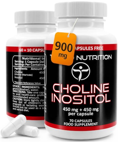 Colina Inositol Capsulas - 900mg (450mg + 450mg) Suplemento - 70 Cápsulas (2 Meses de Provision) de Desintegración Rápida, con 450 mg de Bitartrato de Colina y 450 mg de Inositol Polvo