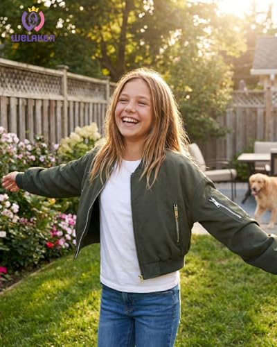 Image of WELAKEN Lightweight Multiple Pockets Zip Up Bomber Jacket for Girls Toddler & Kids II Little Girl's Casual Flight Crop Jacket