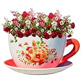 hadaaya 7.5' Round Ceramic Teacup Shape Planter Pot with Saucer for Succulents Orchids Herbs Cactus Indoor Houseplants Flowers for Valentines Day Gift – Orange Poppy Floral