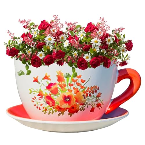 hadaaya 7.5" Round Ceramic Teacup Shape Planter Pot with Saucer