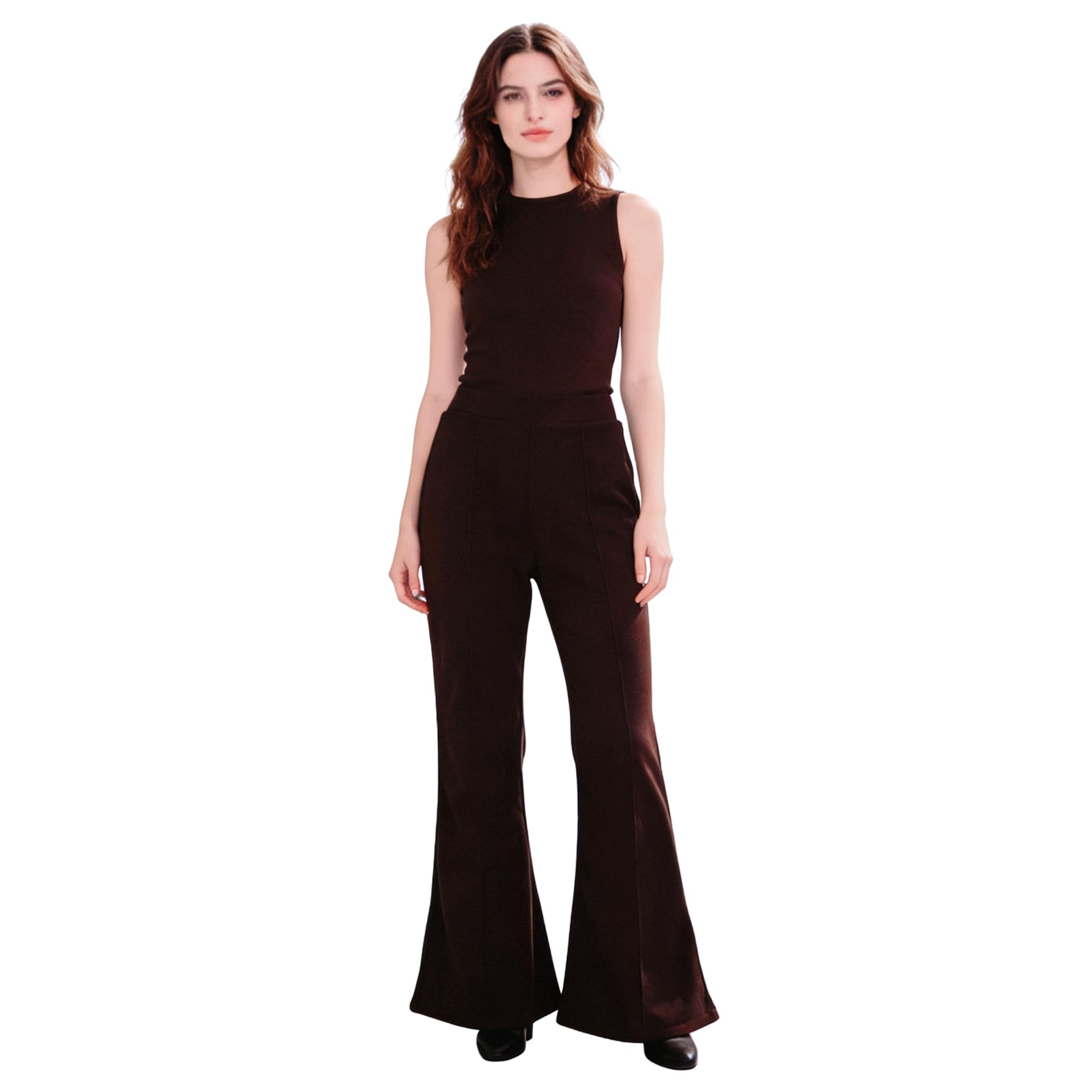 Womens High Waisted Flare Pants - Stretchy Elastic Waistband Casual Trousers with Pockets Pull On Work Pants