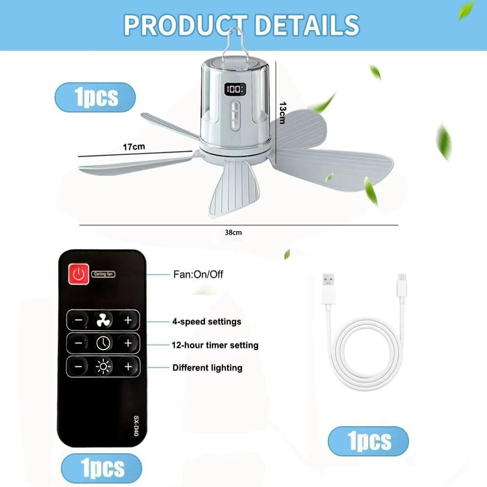 Ventilatore da soffitto con illuminazione da campeggio, ricaricabile, ventilatore da soffitto con luce e telecomando, USB, timer, piccolo ventilatore da soffitto con batteria da campeggio per esterni