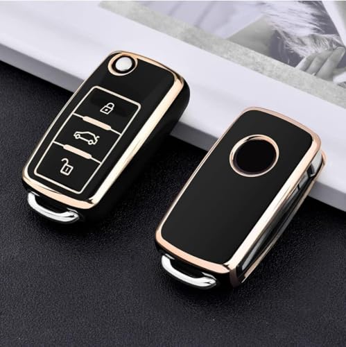 Image of TPU Car Key Cover Black & Golden Compatible for Skoda Rapid, Laura, Superb, Octavia, Fabia, Yeti (Skoda, 3 Button Flip Key)