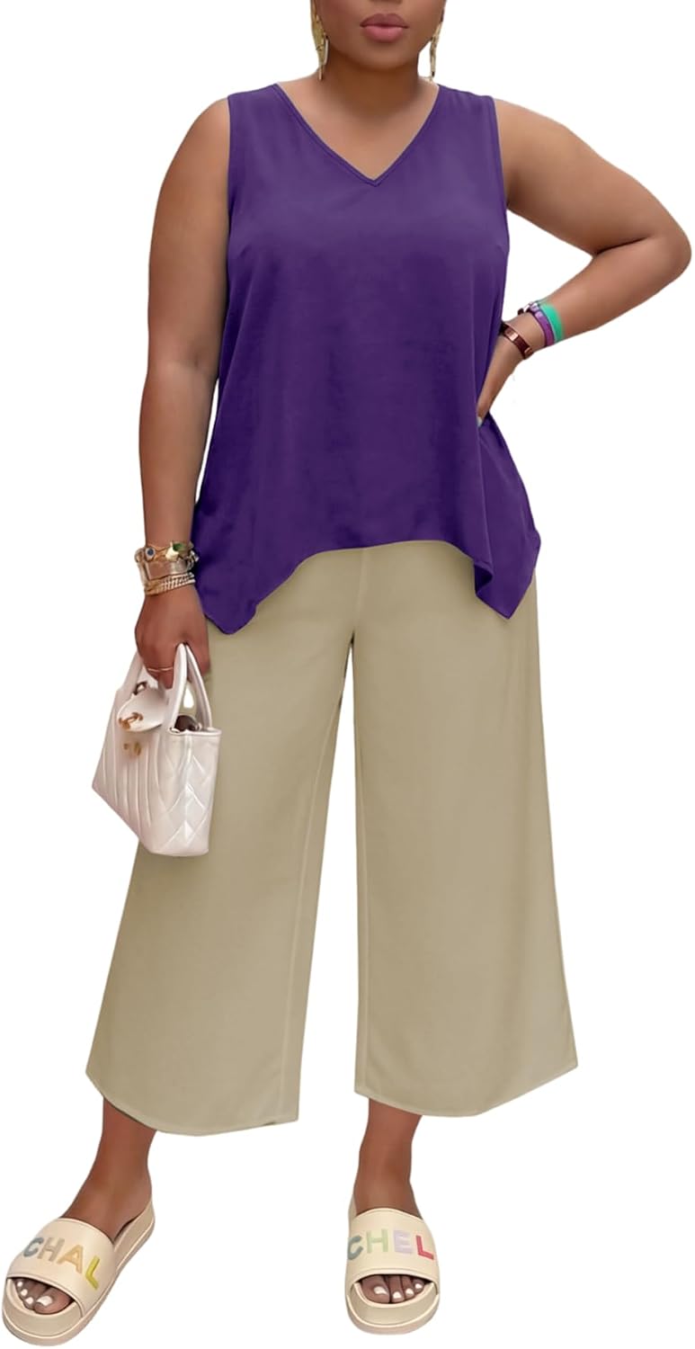 Tycorwd Women's Plus Size Two Piece Outfits Sweatsuits Sets Summer Sleeveless Tunic Tops Casual Baggy Wide Leg Pants Sets