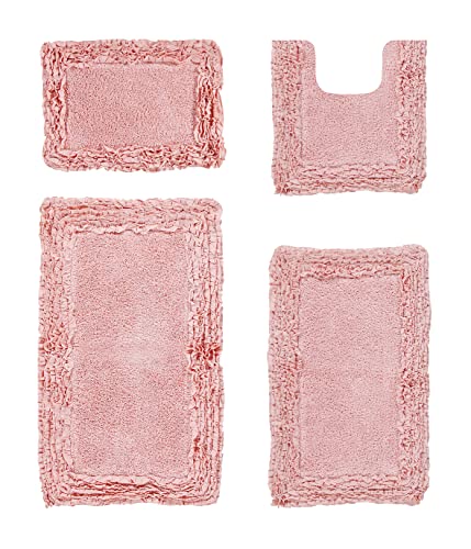 Better Trends 4 Piece Bath Rugs Set 100% Cotton Bathroom Rug Soft, Water Absorbent, Non-Slip Rug Pad, Washable for Bathroom Decor Toilet Base Contour and Bath Mat Pink Shaggy Border Collection