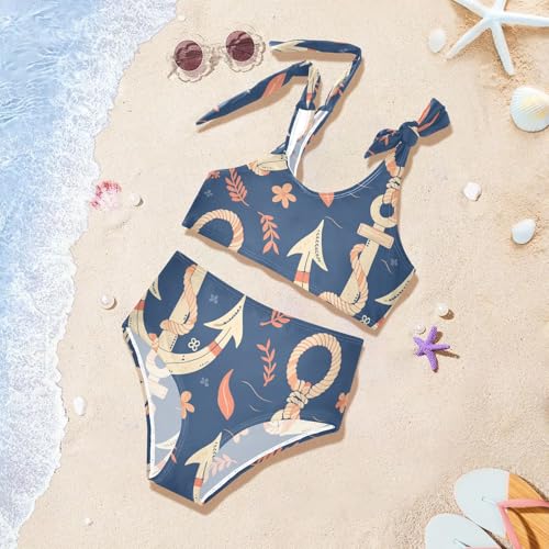 Navy Blue Striped Rope and Ocean Girls 2 Piece Kids Bikini Set Quick-Dry Bathing Suit Swimming Suits Adjustable Strap 5