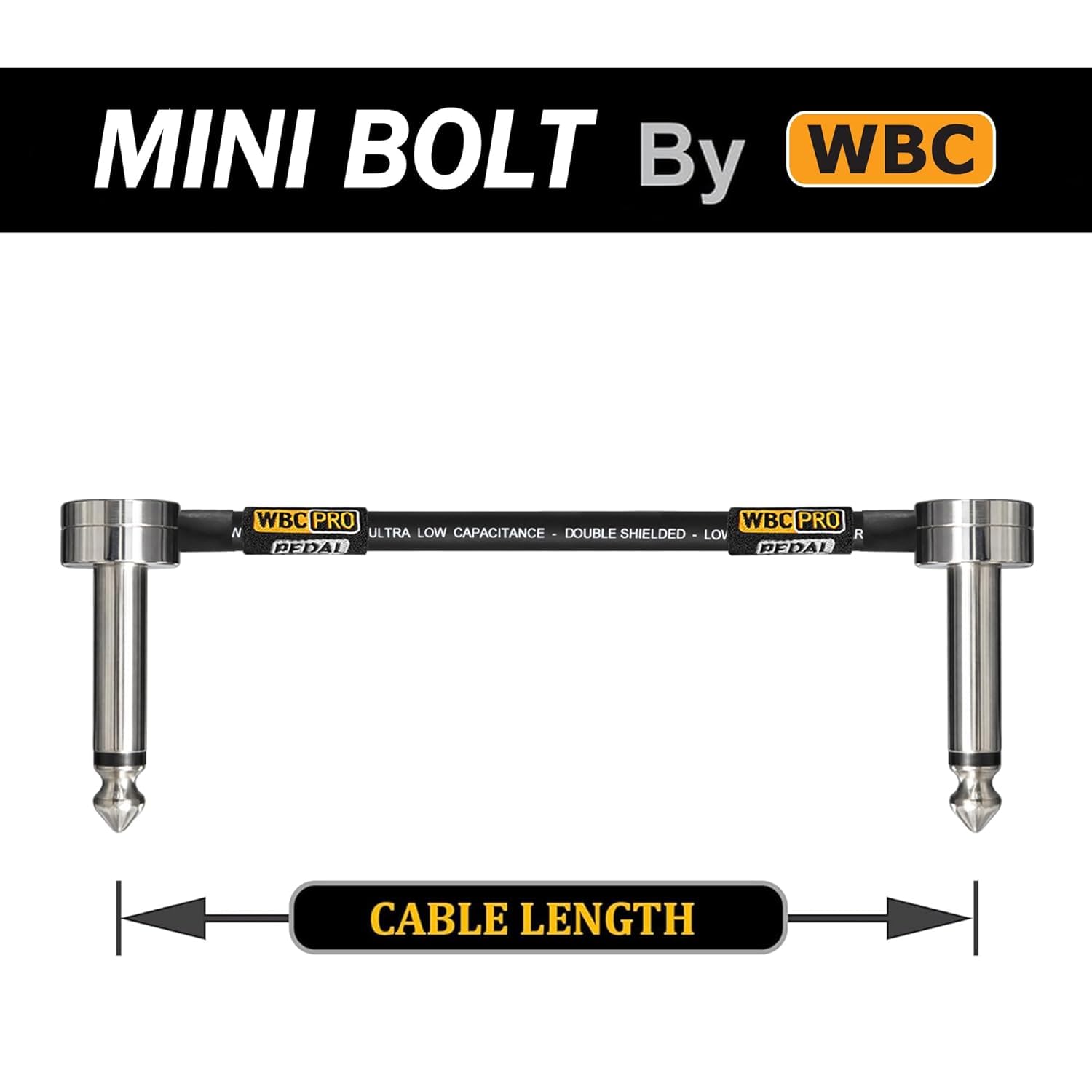 2 Units - 18 Inch - WBC-PRO-PEDAL – 22 AWG - Low-Cap (18pF/ft) – Pro-Grade – Graphite-based - Dual-Shielded Pedal, Effects, Patch, instrument cable with WBC MINI BOLT Ultra-Small Angled TS Plugs