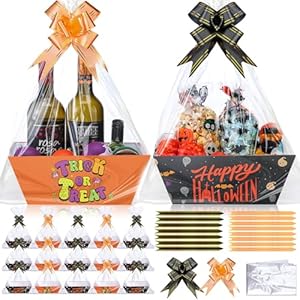 Yeaqee 36 Pcs 12 Pack Halloween Basket for Gifts with Bows Ribbons Bulk Treat Basket Orange Black Gift Baskets for Halloween Treat Party Favors