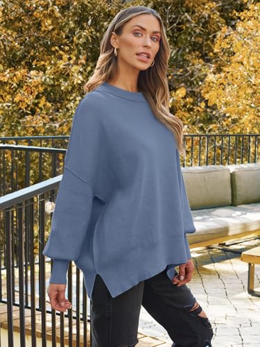Image of LILLUSORY Women's Oversized Batwing Sweaters 2026 Fall Outfits Trendy Crewneck Knit Side Slit Fashion Pullover Tops