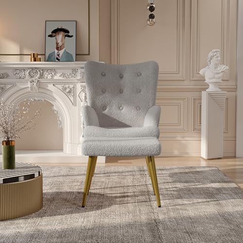 Sessel mit Hocker, Ohrensessel mit Hoher Rückenlehne, Fernsehsessel Armlehnensessel Polstersessel Relaxsessel, Schlafzimmer Lounge Sessel Lesesessel Lammwolle, Hellgrau – Bild 6