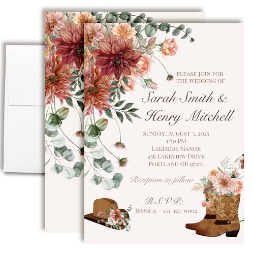 50 Western Wedding Invitations Personalized – Cowboy Boot Floral 5x7 Custom Western Wedding Invitation Kit with Envelopes | RSVP, Details & Thank You Cards, Stickers & Address Labels | Made in USA