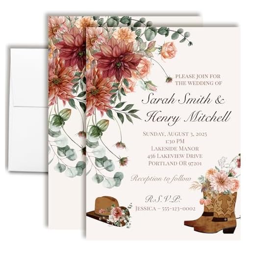 50 Western Wedding Invitations Personalized – Cowboy Boot Floral 5x7 Custom Western Wedding Invitation Kit with Envelopes | RSVP, Details & Thank You Cards, Stickers & Address Labels | Made in USA