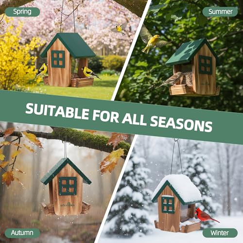 MIXXIDEA Bird Feeder for Outdoors Hanging, Wooden Bird Feeder House with Weatherproof Roof & Metal Tray, Attracting Wild Birds for Outside, Yard, Garden Decoration, Green — view 6
