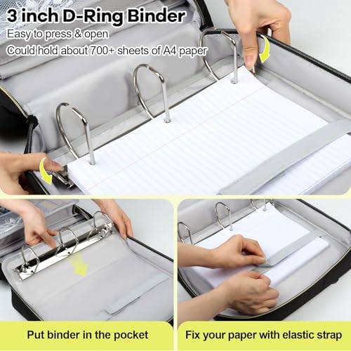Covkev 3 Inch D-ring Zipper Binder Bag with Detachable Pen Case& Water Bottle Storage, Removable Binder with Zipper Case Hold 700+ Sheets& 13 Inch Laptop for School Office Supplies Organizer (Black) by Covkev - Used condition - Image 4