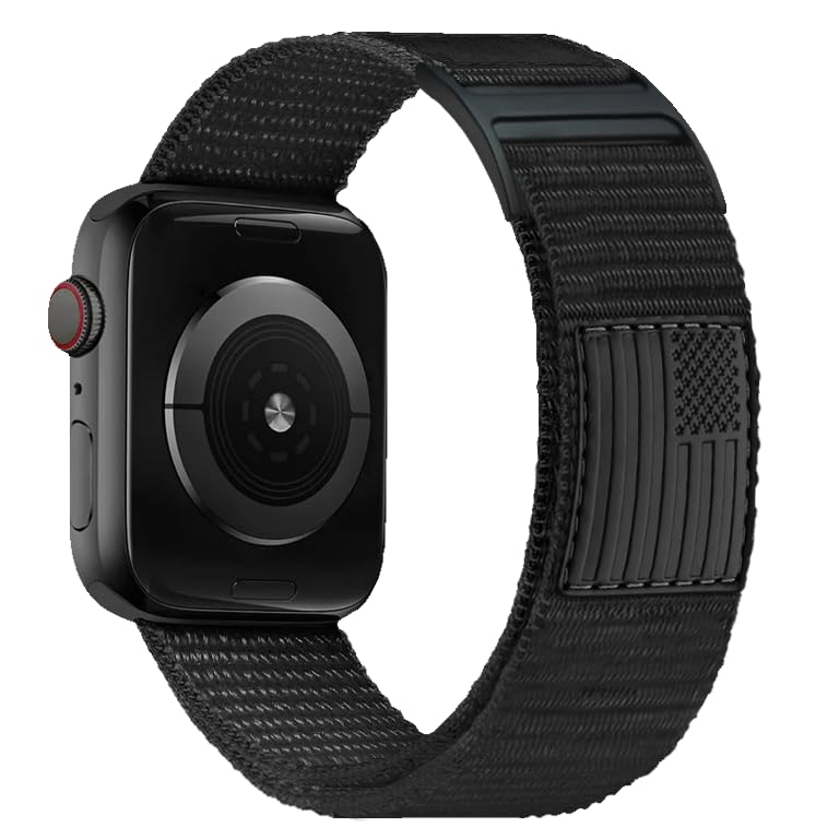 DMSE Rugged Tactical Apple Watch Nylon Watch Band For Apple Watch Comfortable Adjustable 42mm 45mm 49mm Strap Wristband Apple Ultra 1/2, iWatch Series 9/8/7/SE/6/5/4/3/2/1 (USA Flag Black/Black)