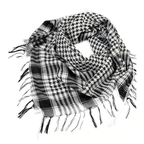 CATMEYE Shemagh/Keffieh Écharpe Arafat, chèche tactique triangulaire à franges, polyester env. 100 x 100 cm, unisexe pour femme et homme, pour plein air, désert, camping, moto (Noir+Blanc)