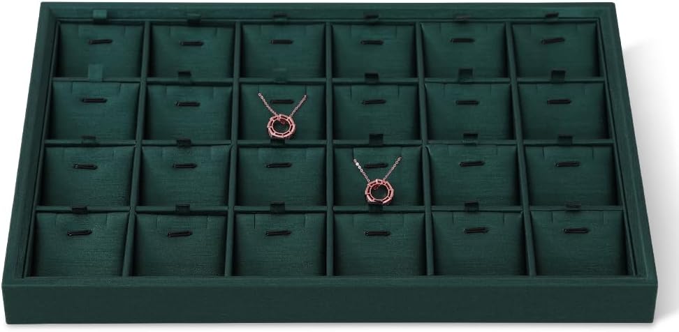 PU Leather Necklace Display Tray With 24 Insert Slot, Pendant Storage Plate, Jewelry Divider Organizer For Vanity Table Drawer (Dark Green, 24 Slot Necklace Tray)