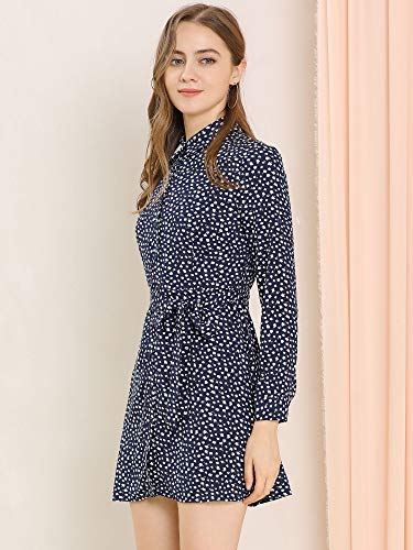 Allegra K Women's Ditsy Floral Long Sleeve Dresses Full Placket Point Collar Mini Shirt Dress Large Blue