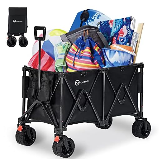FUNHORUN Collapsible Wagon, Heavy Duty Beach Wagon Carts Foldable with Big Detachable PU Wheels for Sand, All Terrain Garden Carts with Brake for Grocery, Outdoor, Load up to 350LBS 250L, Black