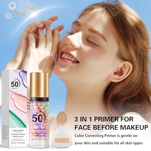 QIUFSSE 2PCS Color Correcting Primer Face Makeup with Powder Puff,Face Primer with SPF 50,Oil Control Primer Makeup,Hydrates and Moisturizes,Radiance Skin,Protector Solar Para La Cara Con Color