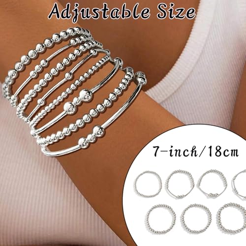 FANDY Silver Beaded Bracelets Set for Women, 3-12Pcs Boho Trendy Simple Stretch Bracelet Stack Ball Beaded Tube Bangle Bracelet Jewelry Set for Gifts3
