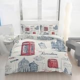 Housse de Couette 200x200 Point de Repère London Imprimé, Parure de lit Architecture Urbaine Réversible Microfibre avec Fermeture Éclair, Ensemble de Literie 3 Pièces et 2 Taies d'oreiller B47h