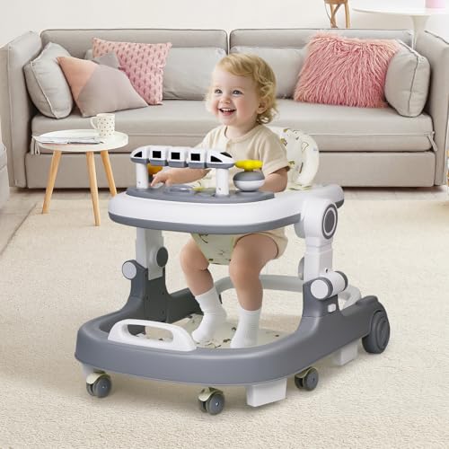 Image of Baby Walker with Wheels, 4 in 1 Foldable Baby Walkers for Boys Girls 6-18 Months, 3 Level Height Adjustment with Bouncing, Feeding Tray & Music, Baby Walker with Activity Center, Toddler Push Walker