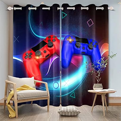 SDOTPMT 107x160cm Jugador Moderno Cortina Ventana Azul Rojo Mando Frio Videojuego Magia Juego Adolescentes Juego de Controlador Cortinas Ventana Aislamiento Térmico Cortina Dormitorio, 2 Paneles | Ya disponible en tu tienda friki favorita! En mundofriki.es!