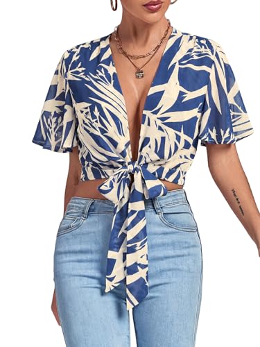 Image of LYANER Women's Sexy Deep V Neck Tie Front Wrap Cropped Blouse Bell Short Sleeve Ruffle Crop Tops