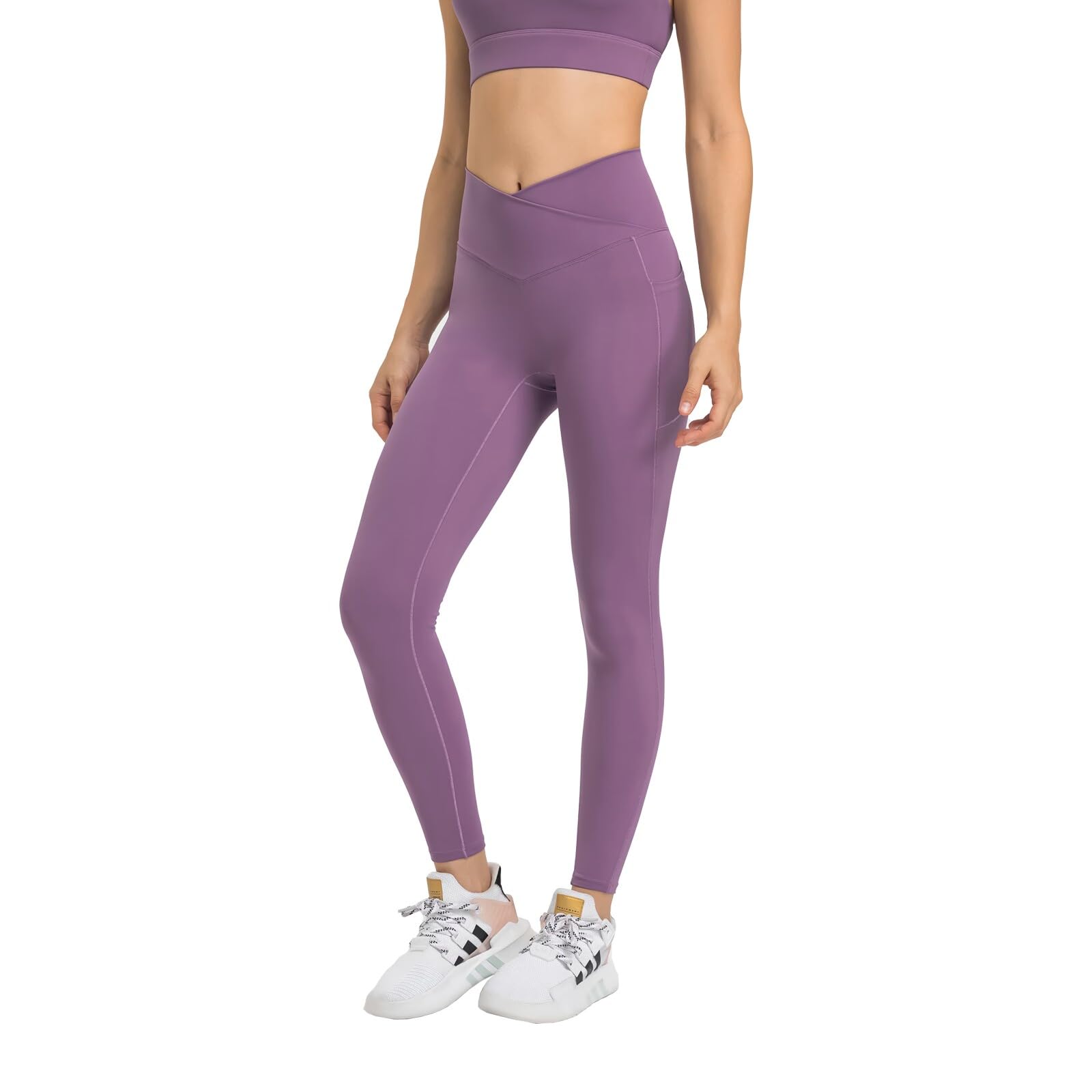 altiland Women's Crossover Waist No Front Seam 7/8 Workout Leggings with Pockets - Buttery Soft High Waist Running Yoga Pants