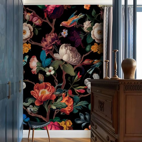 Zeeko Floral Wallpaper Black Peel and Stick Wall Mural Canvas Fabric Vintage Wallpaper for Room TV Background(59' x 98') Large Wall Paintings Home Decor